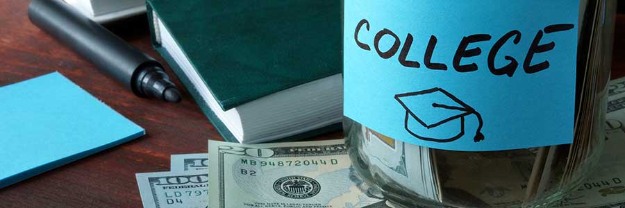 Money alongside a money jar labeled "college."