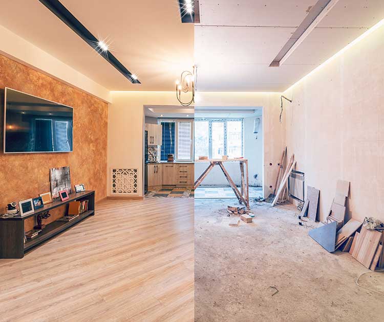 A split photo between a room and the room under renovation.