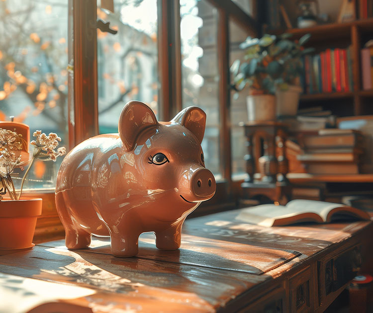 Photo of piggy bank on top of financial documents.