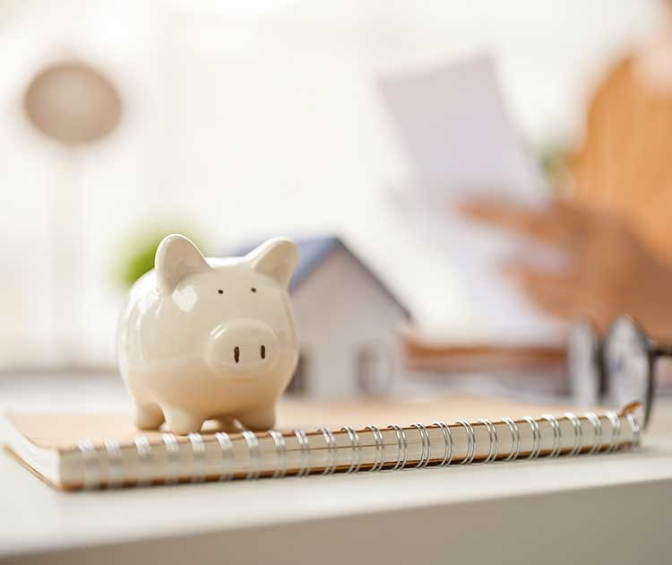 Close-up image of a piggy bank on table with a person working behind.